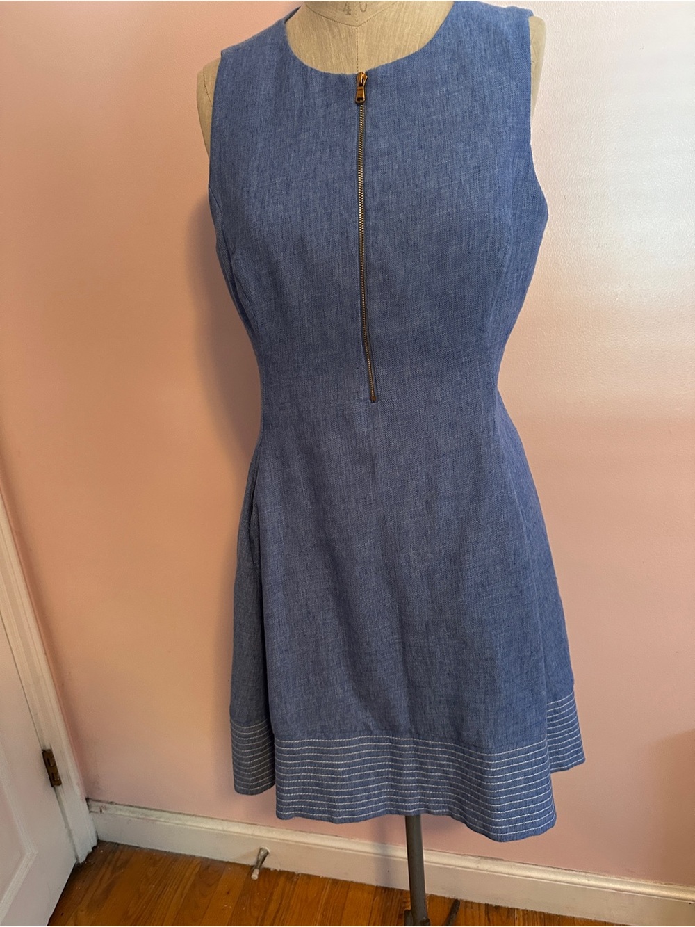 Donna Karan Sleeveless Chambray Blue Asymmetrical Hem Dress with Front Zip